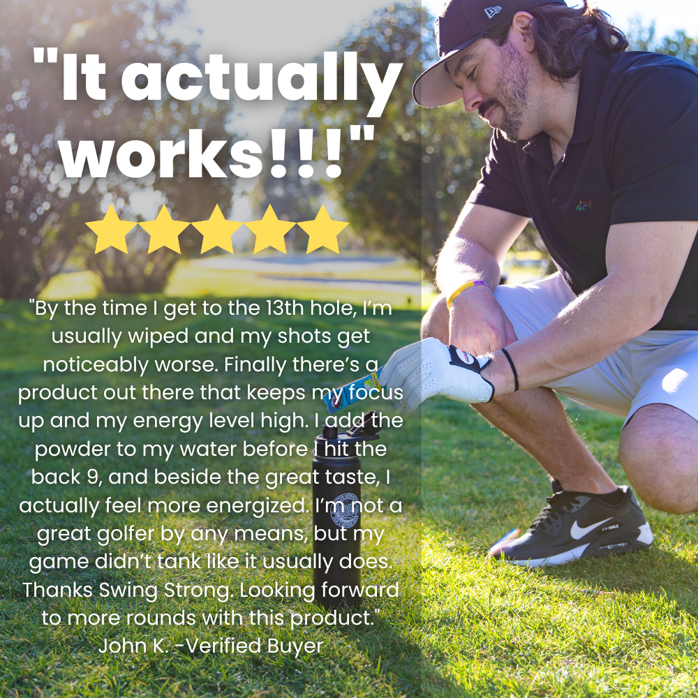 man pouring swing strong hydrate+ stick packs on white background electrolyte energy hydration drink mix for golf into water bottle with text overlay saying it actually works