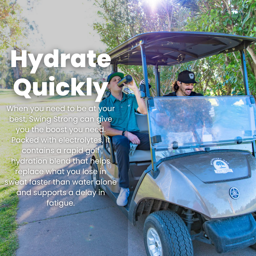 two men on golf course in golf cart drinking swing strong hydrate+ stick pack electrolyte energy hydration drink mix for golf with text benefit "Hydrate Quickly"