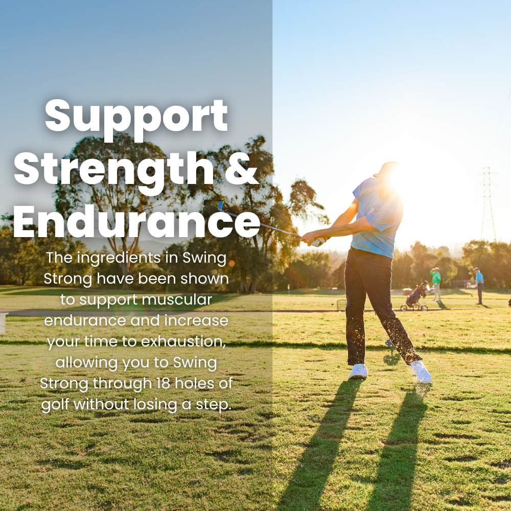 man finishing golf swing on golf course with text benefit "support strength and endurance"
