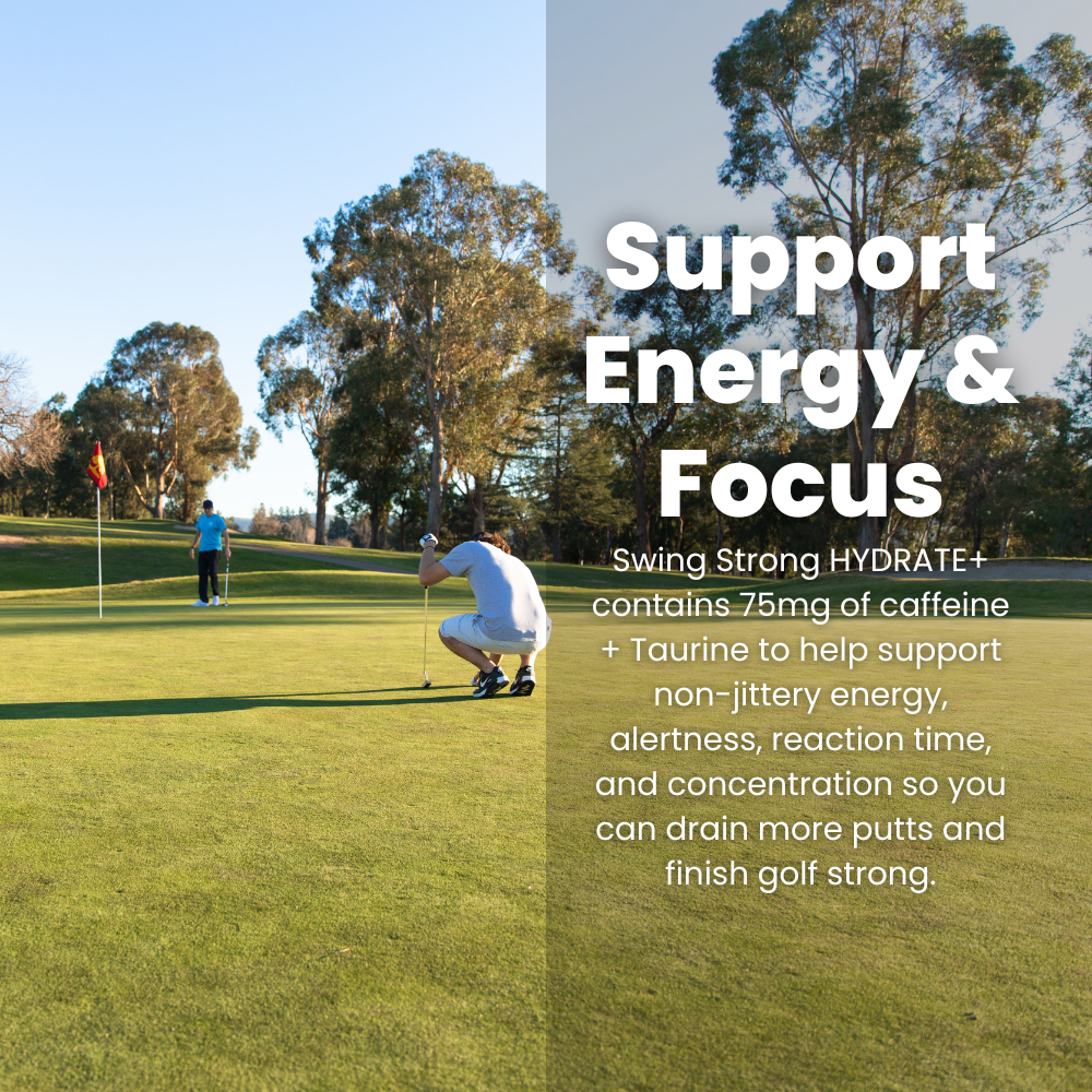 two men on golf putting green with text benefit "support energy and focus"