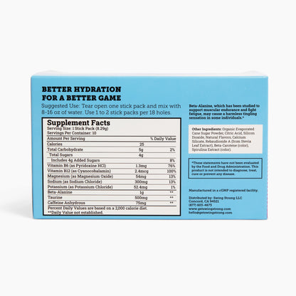 back of Swing Strong Hydrate+ electrolyte and energy hydration golf drink mix box supplement facts panel